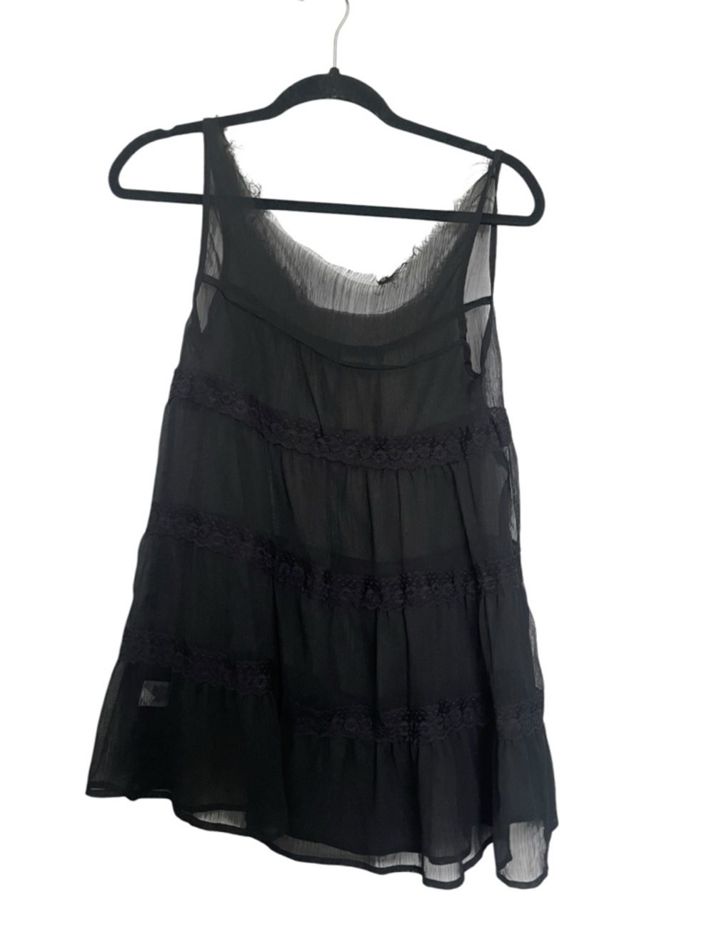 Whimsy Fairy Sheer Black Tiered Lace Trim Tank Top